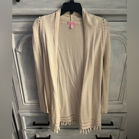 Lilly Pulitzer Martinique Fringe Cardigan Sweater Heathered Sand Dune - Picture 2 of 7